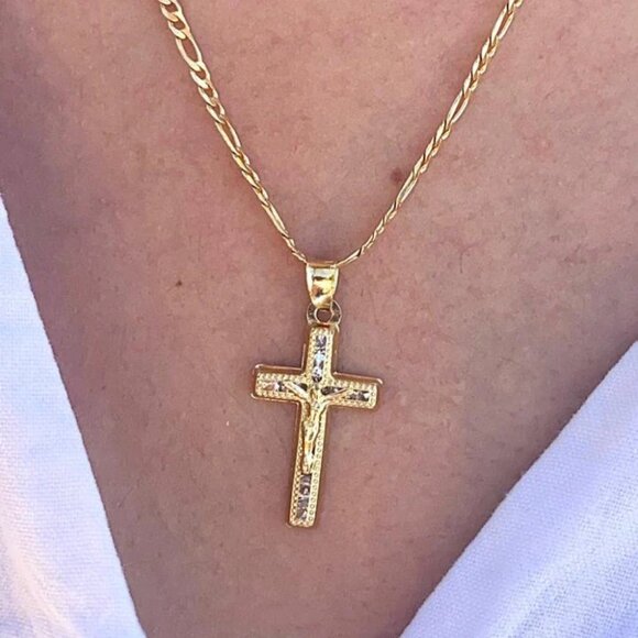 CZ Jesus Cross Necklace Womens Mens Girls Boys Figaro Chain 14" to 20" Cadena - Picture 5 of 7